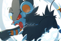 Rule 34 | claws, colored sclera, commentary request, creatures (company), electricity, fangs, game freak, gen 4 pokemon, highres, falling leaves, luxray, nintendo, no humans, open mouth, pokemon, pokemon (creature), red sclera, sasaki sue, solo, yellow eyes, yellow pupils