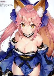 Rule 34 | 1girl, absurdres, animal ear fluff, animal ears, bare shoulders, blue bow, blue kimono, blush, bow, breasts, brown eyes, cleavage, closed mouth, collarbone, fate/extra, fate/grand order, fate (series), fox ears, fox girl, fox tail, hair between eyes, hair bow, highres, japanese clothes, kimono, large breasts, long hair, long sleeves, looking at viewer, momoko (momopoco), pelvic curtain, pink hair, scan, shiny skin, short kimono, sidelocks, simple background, solo, strapless, tail, tamamo (fate), tamamo no mae (fate/extra), thighhighs, thighs, twintails, v-shaped eyebrows, white background, wide sleeves