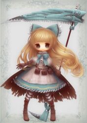 Rule 34 | 1girl, black footwear, black gloves, black pantyhose, blonde hair, blue background, blue bow, blue dress, blue eyes, boots, bow, bright pupils, chain, dress, full body, gloves, hair bow, hexagram, highres, holding, holding scythe, idola, light blush, long hair, looking at viewer, original, pantyhose, patterned background, scythe, smile, solo, standing, star of david, striped clothes, striped pantyhose, very long hair, white pantyhose, white pupils, white sleeves