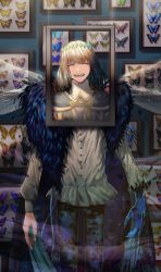Rule 34 | 1boy, ^ ^, absurdres, blue butterfly, bug, butterfly, butterfly wings, cape, closed eyes, crown, diamond hairband, dragonfly wings, fate/grand order, fate (series), fur-trimmed cape, fur trim, green butterfly, grey hair, highres, insect, insect wings, long hair, long sleeves, male focus, nekohai darake, oberon (fate), oberon (third ascension) (fate), orange butterfly, picture frame, purple butterfly, shirt, smile, solo, spoilers, white shirt, wings