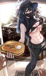 Rule 34 | 1girl, abs, absurdres, baseball cap, belt, black belt, black bra, black headwear, black pants, black shirt, blue archive, blue eyes, blue hair, bra, breasts, commentary request, feet out of frame, hat, highres, holding, large breasts, leggings, long hair, looking at viewer, mask, midriff, mouth mask, navel, nui gurumi, pants, pizza box, saori (blue archive), shirt, sleeveless, sleeveless shirt, solo focus, standing, stomach, underwear, very long hair