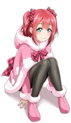 Rule 34 | 1girl, \||/, aqua eyes, blush, boots, bow, cloak, commentary request, fur-trimmed boots, fur-trimmed cloak, fur-trimmed sleeves, fur trim, hair bow, highres, hood, hood down, hooded cloak, knees up, kurosawa ruby, long sleeves, looking at viewer, love live!, love live! school idol festival, love live! sunshine!!, pink cloak, pink footwear, plaid, plaid bow, red hair, sitting, smile, solo, two side up, white background, yopparai oni