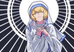 Rule 34 | 1girl, alice margatroid, blonde hair, closed mouth, commentary, cookie (touhou), cosplay, cross, habit, hair between eyes, hair over eyes, halo, halo behind head, highres, interlocked fingers, jigen (cookie), leftame, long sleeves, mother teresa, mother teresa (cosplay), own hands together, real life, second-party source, shirt, short hair, smile, solo, sunburst, sunburst background, touhou, upper body, white shirt