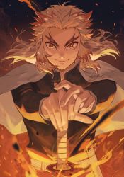 Rule 34 | 1boy, black jacket, blonde hair, cape, commentary request, fire, forked eyebrows, fubuki (fakemonkey0224), highres, holding, holding sword, holding weapon, jacket, katana, kimetsu no yaiba, long hair, long sleeves, looking at viewer, multicolored hair, orange eyes, paid reward available, red hair, rengoku kyoujurou, signature, solo, sword, two-tone hair, weapon, white cape