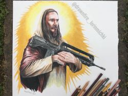Rule 34 | 1boy, art tools in frame, assault rifle, beard, black eyes, brown facial hair, brown hair, brown robe, bullpup, closed mouth, colored pencil, colored pencil (medium), commentary, cosplay, cropped torso, dated, english commentary, facial hair, famas, forgotten weapons, gun, handle, holding, holding gun, holding weapon, ian mccollum, instagram username, jesus, jesus (cosplay), long hair, long sleeves, looking ahead, lorin michki, male focus, mature male, multicolored background, mustache, nose, orange background, paper, path, pencil, photo (medium), real life, realistic, red sash, rifle, road, robe, sash, signature, solo, traditional media, upper body, veil, watermark, weapon, white background, yellow background