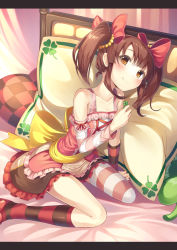 Rule 34 | 10s, 1girl, asymmetrical legwear, bed, blush, bow, brown eyes, brown hair, clover, collarbone, dress, four-leaf clover, gurasion (gurasion), hair ornament, idolmaster, idolmaster cinderella girls, kneehighs, letterboxed, long hair, looking at viewer, mismatched legwear, ogata chieri, pillow, sitting, smile, socks, solo, striped clothes, striped socks, thighhighs, twintails, wariza