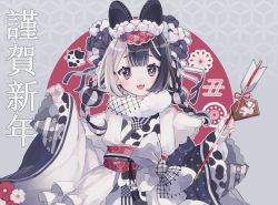 Rule 34 | 1girl, animal ears, animal print, arrow (projectile), bell, blunt bangs, blush, bow, braid, commentary request, cow print, dot nose, ema, fake animal ears, fangs, flower, fur collar, grey eyes, hair bow, hair flower, hair ornament, hamaya, hands up, highres, holding, japanese clothes, jikuno, kimono, long sleeves, looking at viewer, medium hair, multicolored hair, multiple braids, new year, obi, obijime, open mouth, original, patterned background, sash, signature, smile, solo, translated, twin braids, two-tone hair, upper body, wide sleeves