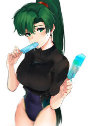 Rule 34 | 1girl, black shirt, blue one-piece swimsuit, blush, breasts, competition swimsuit, covered navel, earrings, eating, fire emblem, fire emblem: the blazing blade, food, green eyes, green hair, high ponytail, hip focus, jewelry, large breasts, long hair, looking at viewer, lyn (fire emblem), nintendo, one-piece swimsuit, ormille, ponytail, popsicle, scrunchie, shirt, simple background, solo, swimsuit, swimsuit under clothes, tied shirt, white background