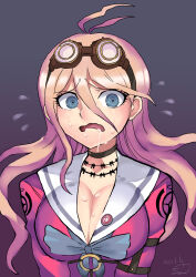 1girl 2017 absurdres antenna_hair artist_name barbed_wire belt blonde_hair blue_eyes breasts choker danganronpa_(series) danganronpa_v3:_killing_harmony drooling flying_sweatdrops goggles goggles_on_head hair_between_eyes highres iruma_miu large_breasts long_hair o-ring o-ring_belt open_mouth pink_serafuku saliva samidare_satsuki school_uniform serafuku signature solo sweat wavy_mouth