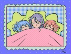 Rule 34 | 1boy, 2girls, blanket, blue background, blue hair, braid, brother and sister, closed eyes, closed mouth, commentary, dorothy west, facing viewer, hair between eyes, head on pillow, reona west, long hair, lying, multiple girls, open mouth, pastel colors, pillow, pink hair, pretty series, pripara, purple hair, rituyama1, short hair, siblings, side braid, signature, sleeping, symbol-only commentary, toudou shion, twins, under covers