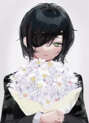 1girl absurdres black_hair black_jacket bouquet chainsaw_man closed_mouth eyepatch flower green_eyes highres himeno_(chainsaw_man) holding holding_bouquet holding_flower jacket long_sleeves looking_at_viewer mile_(off8mile) one_eye_covered short_hair simple_background smile solo upper_body white_background white_flower