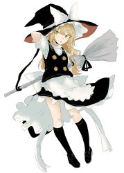 Rule 34 | 1girl, apron, black footwear, black hat, black skirt, black socks, black vest, blonde hair, bow, braid, broom, buttons, double-breasted, full body, green eyes, hand up, hat, hat bow, holding, holding broom, kirisame marisa, looking at viewer, necro (nekurodayo), parted lips, puffy short sleeves, puffy sleeves, shirt, shoes, short sleeves, side braid, simple background, skirt, socks, solo, touhou, vest, waist apron, white apron, white background, white bow, white shirt, witch hat