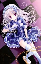 Rule 34 | 1girl, absurdres, chain, checkered background, curly hair, detexted, frilled gloves, frills, gloves, hairband, highres, lolita hairband, long hair, looking at viewer, lying, mouth hold, on back, original, purple eyes, scan, silver hair, solo, striped clothes, striped thighhighs, thighhighs, third-party edit, tinker bell (pixiv 10956015), white gloves, zettai ryouiki
