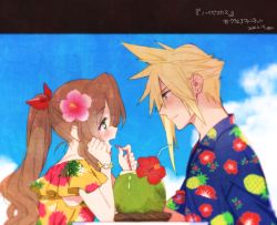 Rule 34 | 1boy, 1girl, aerith gainsborough, alternate costume, blonde hair, blue eyes, blue shirt, blush, breasts, brown hair, cloud strife, coconut, collared shirt, dress, drinking straw, earrings, final fantasy, final fantasy vii, final fantasy vii remake, floral print, flower, frilled sleeves, frills, green eyes, hair between eyes, hair flower, hair ornament, hair ribbon, hawaiian shirt, hibiscus, jewelry, krudears, long hair, looking at another, medium breasts, open mouth, outdoors, parted bangs, pineapple print, pink flower, ponytail, profile, red ribbon, ribbon, shared drink, shirt, short hair, short sleeves, sidelocks, single earring, smile, spiked hair, square enix, teeth, tropical drink, upper teeth only, yellow dress