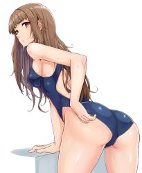 Rule 34 | 1girl, arm support, ass, bare back, blunt bangs, blush, breasts, brown hair, competition swimsuit, cowboy shot, from behind, graphite (medium), idolmaster, idolmaster cinderella girls, kamiya nao, leaning forward, long hair, looking at viewer, looking back, medium breasts, naga1047, one-piece swimsuit, red eyes, sideboob, solo, standing, swimsuit, traditional media, wet