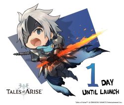 Rule 34 | 1boy, alphen (tales), armor, blue eyes, broken mask, cape, chibi, copyright name, copyright notice, countdown, english text, flaming sword, flaming weapon, logo, mask, official art, open mouth, silver hair, solo, sword, tales of (series), tales of arise, weapon, weapon on back
