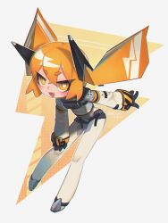 Rule 34 | 1girl, :3, absurdres, black gloves, blush, bodysuit, bright pupils, commentary, english commentary, fang, gloves, hair between eyes, hand on leg, headgear, highres, long hair, long sleeves, looking at viewer, mochibe (ine 2), open mouth, orange eyes, orange hair, original, porforever, sidelocks, solo, strap, thick eyebrows, twintails, white pupils