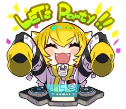 Rule 34 | 1girl, :d, ^ ^, arms up, blonde hair, blush stickers, chibi, closed eyes, colored tips, denonbu, facing viewer, fangs, hair ears, high collar, holographic interface, jacket, kurumitsu, long sleeves, lowres, multicolored hair, official art, open mouth, phonograph, short hair, sleeves past fingers, sleeves past wrists, smile, solo, taiga lucia, transparent background, turntable, upper body, white hair, white jacket, zipper, zipper pull tab