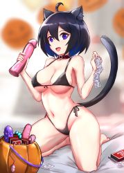 Rule 34 | 1girl, :d, ahoge, alternate breast size, anal beads, animal ear fluff, animal ears, bad id, bad pixiv id, bare arms, bare legs, bare shoulders, barefoot, belt collar, black hair, black panties, blurry, blurry background, breasts, cat ears, cat girl, cat tail, cleavage, collar, collarbone, commentary, condom, condom wrapper, covered erect nipples, dildo, egg vibrator, english commentary, fang, forehead, full body, hair between eyes, halloween bucket, highleg, highleg panties, highres, holding, honkai (series), honkai impact 3rd, large breasts, lingerie, looking at viewer, navel, open mouth, panties, purple eyes, seele vollerei, seiza, sex toy, short hair, side-tie panties, sitting, skin fang, slash-ex, smile, solo, tail, tail raised, thighs, toes, underboob, underwear, vibrator
