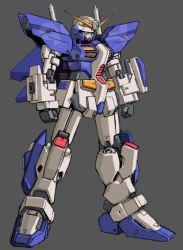 Rule 34 | armor, arms at sides, clenched hands, f90y cluster gundam, full body, green eyes, grey background, gundam, gundam silhouette formula 91, horns, mecha, no humans, robot, shimamura miwa, simple background, solo, standing