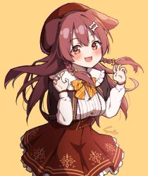 Rule 34 | 1girl, :3, animal ears, artist name, beret, blush, bone hair ornament, bow, bowtie, braid, brown capelet, brown hair, capelet, cartoon bone, center frills, claw pose, cowboy shot, dog ears, dog girl, frilled shirt, frilled shirt collar, frills, hair between eyes, hair bow, hair ornament, hair over shoulder, hands up, hat, high-waist skirt, highres, hololive, inugami korone, inugami korone (street), long hair, long sleeves, looking at viewer, low twin braids, miniskirt, official alternate costume, open mouth, paw ornament, plaid, plaid bow, plaid bowtie, red eyes, red hat, red skirt, seion, shirt, skirt, smile, solo, twin braids, virtual youtuber, white shirt, yellow background, yellow bow, yellow bowtie