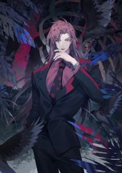 Rule 34 | 1boy, alternate costume, bird, black lips, black nails, black pants, black suit, bone, buttons, collared shirt, diavolo, formal, hand on own face, highres, jacket, jojo no kimyou na bouken, long hair, nail polish, necktie, palm tree, pants, parted lips, pink hair, pink shirt, plant, shirt, skeleton, skull print, solo, solo focus, spotted hair, standing, suit, suit jacket, tree, vento aureo, watch, wristwatch, youamo