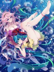 Rule 34 | 2girls, air bubble, anklet, aqua hair, bare legs, bare shoulders, barefoot, blue eyes, bow, breasts, bubble, cleavage, dress, feet, green eyes, hairband, holding hands, hatsune miku, highres, jewelry, lap pillow, long hair, megurine luka, multiple girls, no panties, okingjo, pink hair, ribbon, smile, toes, underwater, very long hair, vocaloid, wet, wet clothes