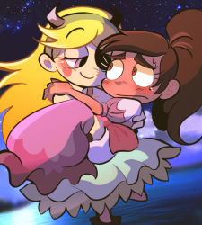 Rule 34 | 1boy, 1girl, artist request, blonde hair, blush, brown eyes, brown hair, carrying, cloud, crossdressing, dress, eye contact, fake horns, floating, heart cheeks, high ponytail, horns, looking at another, marco diaz, mole, mole under eye, pink dress, ponytail, princess, princess carry, puffy short sleeves, puffy sleeves, purple eyes, role reversal, short sleeves, sky, star (sky), star butterfly, star vs the forces of evil, starry sky
