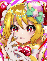 Rule 34 | 1girl, :p, absurdres, blonde hair, blush, bow, brooch, bun cover, china dress, chinese clothes, close-up, cure yum-yum, delicious party precure, dress, drill hair, floral print, green bow, hair between eyes, hair bow, hair bun, twirling hair, hanamichi ran, heart, heart brooch, highres, jewelry, licking lips, looking at viewer, magical girl, nepitasu, pink background, pink lips, pom pom (clothes), portrait, precure, red eyes, simple background, solo, tongue, tongue out, triple bun