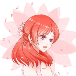 Rule 34 | 1girl, alternate hairstyle, artist name, artist request, bare shoulders, blush, breasts, dress, earrings, female focus, flower earrings, frilled dress, frills, from behind, hair between eyes, hair petal, jewelry, looking at viewer, looking back, love live!, love live! school idol festival, love live! school idol project, lowres, nishikino maki, parted lips, pink dress, pink petals, purple eyes, red hair, short hair, smile, solo, upper body