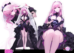 Rule 34 | 1girl, bare legs, between breasts, black dress, black footwear, black gloves, breasts, bridal veil, cleavage, comiket 100, dress, elbow gloves, gloves, hololive, hololive english, large breasts, long dress, long hair, looking at viewer, mori calliope, multiple views, pink eyes, pink hair, plunging neckline, projected inset, showgirl skirt, sideless outfit, sitting, skull, veil, virtual youtuber, wedding dress, yaguo