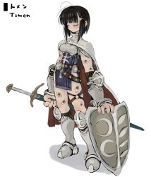 Rule 34 | 1girl, armor, boots, bracer, cape, character name, closed mouth, ebimomo, extra eyes, closed eyes, full body, highres, holding, holding shield, holding sword, holding weapon, pelvic curtain, shield, simple background, solo, standing, stones of dragon, sword, two-sided cape, two-sided fabric, weapon, white background