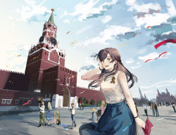 Rule 34 | 6+boys, 6+girls, :d, architecture, blue skirt, blue sky, bracelet, brown hair, cloud, cloudy sky, confetti, green eyes, highres, jewelry, long hair, looking at viewer, multiple boys, multiple girls, open mouth, outdoors, rosa (tears of themis), scenery, shirt, short sleeves, skirt, sky, smile, tears of themis, white shirt, yorktown cv-5