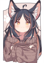 Rule 34 | 1girl, ahoge, animal ear fluff, animal ears, black hair, blush, brown hair, brown sweater, cat ears, closed mouth, commentary request, daidai ookami, highres, long hair, long sleeves, looking at viewer, multicolored hair, off-shoulder sweater, off shoulder, original, ribbed sweater, solo, sweater, upper body, yellow eyes