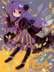 Rule 34 | 1girl, alternate color, ama-tou, book, bow, crescent, crescent hair ornament, crescent moon, female focus, hair bow, hair ornament, halloween, jack-o&#039;-lantern, moon, pantyhose, patchouli knowledge, pumpkin, purple hair, solo, star (symbol), touhou, wand