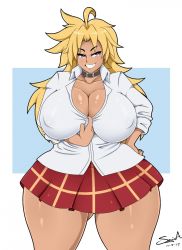 Rule 34 | 1girl, belly, blonde hair, blue eyes, breasts, choker, cleavage, cleavage reach, dark skin, dark-skinned female, energy kyouka!!, covered erect nipples, female focus, hand on own hip, highres, huge breasts, long hair, mehdrawings, midriff, miniskirt, naughty face, open clothes, open shirt, school uniform, serafuku, shiraishi kyouka, skirt, smile, solo, thick thighs, thighs, wide hips