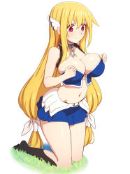 Rule 34 | 1girl, astraea (sora no otoshimono), bare shoulders, blonde hair, blush, breasts, cleavage, highres, large breasts, long hair, low-tied long hair, midriff, navel, red eyes, skirt, sleeveless, solo, sora no otoshimono, very long hair, zoryc