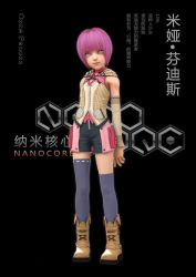 Rule 34 | 1girl, 3d, chinese text, full body, gun, highres, looking at viewer, miya fentis, nanocore, pink hair, poster (medium), science fiction, short hair, solo, standing, thighhighs, weapon