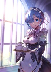 Rule 34 | 1girl, absurdres, apron, black dress, black ribbon, black sleeves, blue eyes, blue hair, breasts, closed mouth, commentary request, cup, day, detached collar, detached sleeves, dress, flower knot, frilled sleeves, frills, hair ornament, hair over one eye, hair ribbon, highres, holding, holding tray, indoors, lens flare, looking at viewer, maid, maid headdress, medium breasts, neck ribbon, pink ribbon, re:zero kara hajimeru isekai seikatsu, rem (re:zero), ribbon, ribbon-trimmed clothes, ribbon trim, roswaal mansion maid uniform, saucer, short hair, smile, solo, standing, sunlight, teacup, teapot, tray, underbust, white apron, window, x hair ornament, yappo (point71)