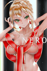 Rule 34 | 10s, 1girl, blonde hair, breasts, fate/extra, fate (series), green eyes, looking at viewer, naked ribbon, nero claudius (fate), nero claudius (fate) (all), nero claudius (fate/extra), nipples, nude, official alternate costume, ribbon, smile, solo, upper body, viola (seed)