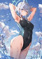 Rule 34 | 1girl, animal ears, armpits, arms up, blue archive, blue sky, blush, breasts, competition swimsuit, covered navel, cross hair ornament, earrings, grey hair, groin, hair ornament, highleg, highleg swimsuit, highres, jewelry, looking at viewer, medium breasts, official alternate costume, one-piece swimsuit, outdoors, ponytail, shiroko (blue archive), shiroko (swimsuit) (blue archive), sideways glance, sky, solo, splashing, stud earrings, swimsuit, the olphy, two-tone one-piece swimsuit, wading, water drop, wolf ears