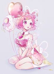 Rule 34 | 1girl, absurdres, animal ears, balloon, bob cut, breasts, cleavage, commentary, detached collar, fake animal ears, full body, heart balloon, highres, medium breasts, momomo (m0 3), necktie, ootori emu, open mouth, pink eyes, pink hair, project sekai, rabbit ears, rabbit tail, red necktie, ribbon, short hair, sitting, smiley face, socks, solo, star (symbol), symbol-only commentary, tail, white ribbon, white socks, wings