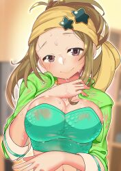 Rule 34 | 1girl, absurdres, blurry, blurry background, blush, breasts, brown hair, check commentary, collarbone, commentary, commentary request, costume, crop top, dripping, forehead, green jacket, hand on own chest, head tilt, heart, heart-shaped pupils, highres, idolmaster, idolmaster cinderella girls, jacket, kurushima gire, large breasts, looking at viewer, manabe itsuki, midriff peek, nervous sweating, open clothes, open jacket, purple eyes, see-through, smile, sweat, sweaty clothes, symbol-shaped pupils, upper body, very sweaty, wet, wet clothes, wet hair