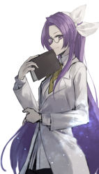 Rule 34 | 1girl, asakura rikako, black pants, book, bow, breasts, forehead, glasses, hair bow, highres, holding, holding book, lab coat, long hair, long sleeves, otoshiro kosame, pants, parted bangs, purple eyes, purple hair, simple background, small breasts, touhou, touhou (pc-98), very long hair, white background, white bow, yellow bow, yellow neckwear