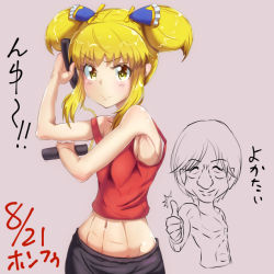 Rule 34 | 1boy, 1girl, abs, armpits, bare shoulders, black shorts, blonde hair, blouse, blush, bow, breasts, chibi, chibi inset, cowboy shot, grey background, looking at viewer, mika returna, muscular, muscular female, narrow waist, navel, nunchaku, rabittofaa, real life, red shirt, shirt, short twintails, shorts, simple background, small breasts, smile, solo focus, split mouth, standing, stomach, thumbs up, twintails, under night in-birth, v-shaped eyebrows, weapon, yellow eyes