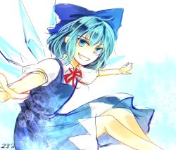 Rule 34 | 1girl, blue bow, blue dress, blue eyes, bow, bowtie, cirno, commentary request, dress, hair bow, ice, ice wings, kutsuki kai, looking at viewer, one-hour drawing challenge, outstretched arms, red bow, red bowtie, short sleeves, smile, snowflake print, solo, touhou, wings