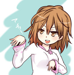 Rule 34 | 1girl, blue background, breasts, brown eyes, brown hair, commentary request, dress, floral print, hair between eyes, hands up, i.u.y, light blush, long sleeves, medium breasts, medium hair, messy hair, misaka worst, open mouth, smile, solo, teeth, toaru majutsu no index, toaru majutsu no index: new testament, translation request, upper body, upper teeth only, v-shaped eyebrows, vietnamese dress, white dress