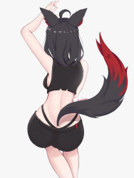 Rule 34 | 1girl, ahoge, animal ears, arm up, ass, back, bad id, bad pixiv id, breasts, coubalt, crop top, fox ears, fox shadow puppet, fox tail, from behind, grey background, highres, hololive, kurokami fubuki, medium hair, multicolored tail, shorts, sideboob, simple background, solo, tail, twitter username, virtual youtuber