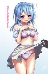 Rule 34 | 1girl, bad id, bad pixiv id, bang dream!, bare shoulders, blue background, blue hair, blue shirt, blush, bow, bow bra, bra, breasts, clothes lift, collarbone, flying sweatdrops, frilled bra, frilled panties, frills, gradient background, hair ornament, hands up, highres, interlocked fingers, lifting another&#039;s clothes, long hair, looking at viewer, matsubara kanon, medium breasts, off-shoulder shirt, off shoulder, one side up, out of frame, own hands together, panties, pink bra, pink panties, polka dot, polka dot bra, polka dot panties, puffy short sleeves, puffy sleeves, purple eyes, ramchi, shirt, shirt lift, short sleeves, signature, skirt, skirt lift, solo focus, translation request, underwear, white background, white skirt