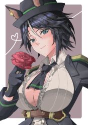 Rule 34 | 1girl, alternate breast size, animal ears, aqua eyes, black hair, border, breasts, center frills, center opening, cleavage, closed mouth, collared shirt, ear ornament, ears through headwear, flower, frilled shirt, frills, fuji kiseki (umamusume), gloves, grey hair, hair between eyes, hand up, haruno kazuki, hat, highres, holding, holding flower, horse ears, jacket, large breasts, lips, long sleeves, looking at viewer, multicolored hair, necktie, no bra, open clothes, open jacket, outside border, red flower, red rose, rose, shirt, short hair, smile, solo, two-tone hair, umamusume, underbust, upper body, white border, wing collar